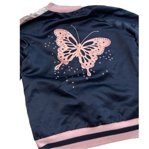 Colorful Planet | Navy Blue Girls Satin Butterfly Reversible Lined Bomber 6/6X - Picture 7 of 15